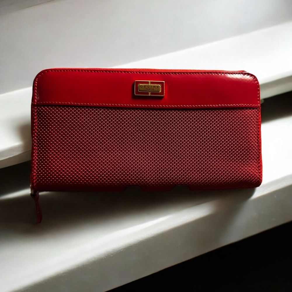 Celine Red Patent Leather & Fabric Long Zip Wallet
